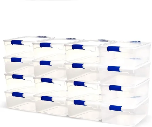 Miniatura 11 de HOMZ Paquete de 8 contenedores organizadores de almacenamiento de plástico transparente, 15.5 cuartos de galón, pestillos azules, contenedores