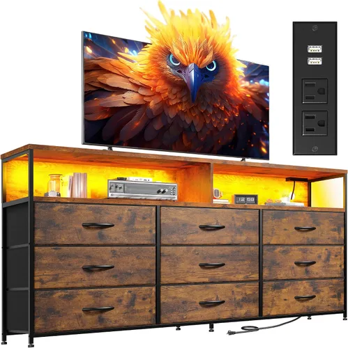 Miniatura 10 de Cómoda negra de 55 pulgadas de ancho para dormitorio con estación de carga y luz LED, soporte de TV de 65/55/50 pulgadas con 9 cajones de tela