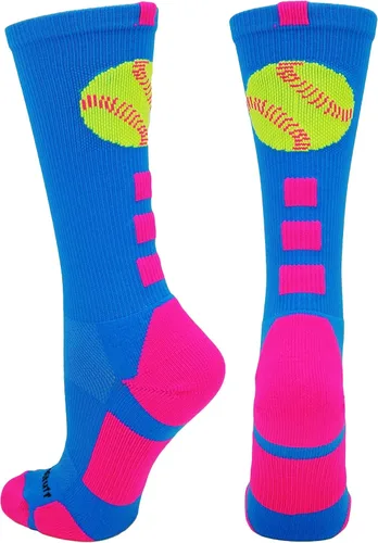 MadSportsStuff Calcetines deportivos con logotipo de sóftbol (azul eléctricorosa neón, medianos)