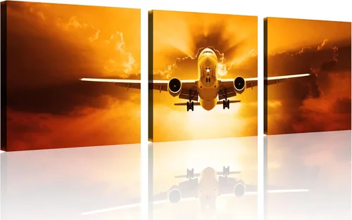 TutuBeer 3 Panels Airplane Wall Art Airplane Posters for Walls Aircraft at Sunrise Plane Pictures for Living Room Bedroom Boys Room Home Decor