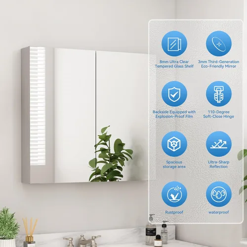 Miniatura 3 de Sunrosa Botiquín de Medicina de Aluminio para Baño con Puerta de Espejo, 30"×27.5" Gabinete de Espejo de Baño, Montable en Pared y Empotrable