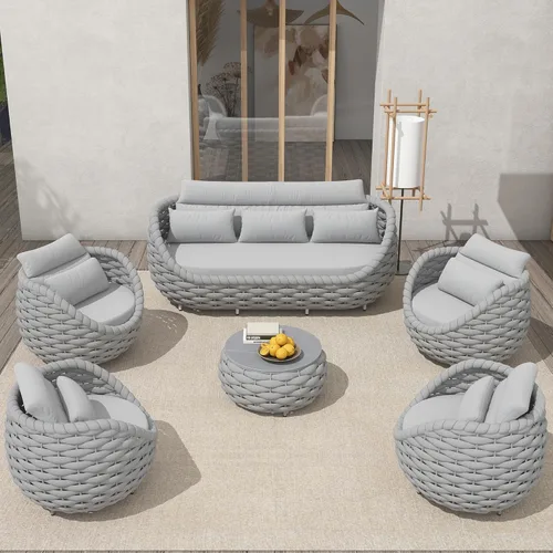 Miniatura 12 de TWT 3-Piece Woven Rope Patio Furniture Set, 2 Outdoor Armchairs with Soft Cushions + Round Aluminum Coffee Table, All-Weather Conversation Set for