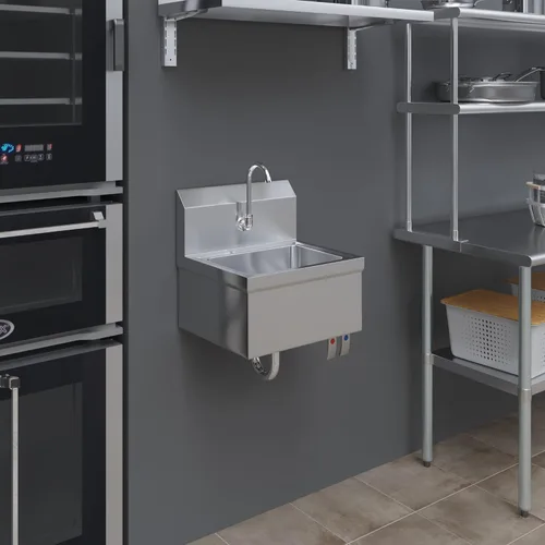 Miniatura 13 de AmGood Fregadero de mano de acero inoxidable para montaje en pared con grifo y salpicadura lateral de 17 x 15 pulgadas Lavabo de manos comercial