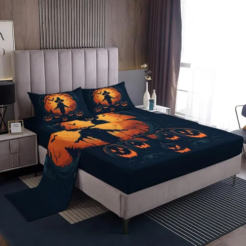 Miniatura 28 de Sábanas de Halloween tamaño individual – Juego de sábanas espeluznantes de calabaza murciélago para niños y niñas, juego de sábanas temáticas