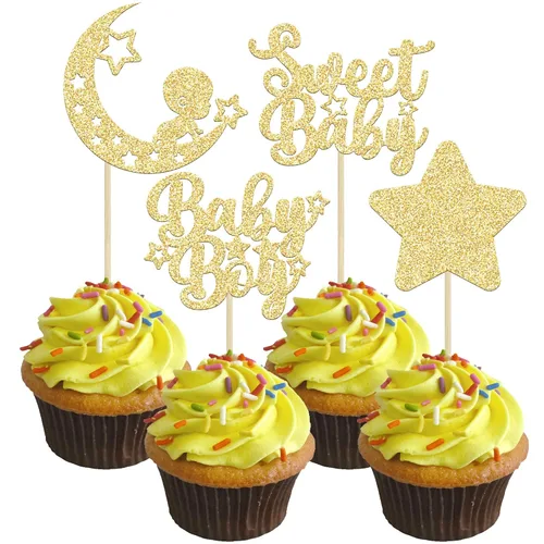 Miniatura 16 de Gyufise 24 piezas de adornos azules para cupcakes para bebé, con purpurina azul, estrellas, luna, dulce baby shower, niño, cupcakes para baby
