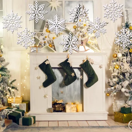 Miniatura 5 de Sratte Paquete de 36 adornos de copos de nieve grandes con purpurina de 12 pulgadas, decoración gigante de plástico para colgar en invierno, Blanco
