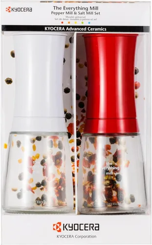 Kyocera Juego de 2 molinos de pimienta, sal, semillas y especias con molinillo de cerámica avanzado ajustable, blanco brillante/rojo manzana caramelo