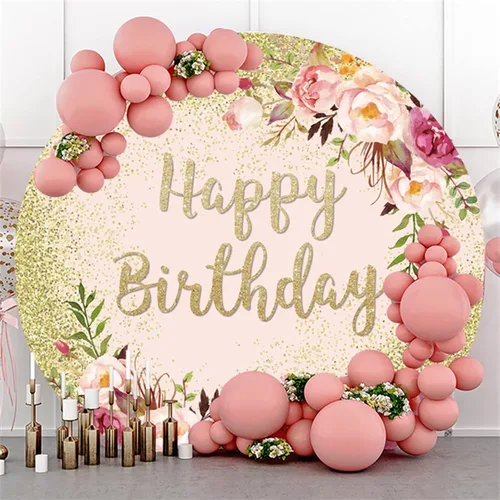 Miniatura 2 de Telón de fondo redondo de feliz cumpleaños, 5 x 5 pies, fondo de fotografía de flores rosas rosas Bokeh para bebés, niñas, mujeres, decoración