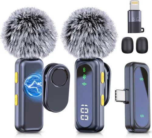 RICCHI Micrófono Lavalier inalámbrico para iPhone, iPad y teléfono Android, 2 mini micrófonos con reducción de ruido micrófono de solapa para