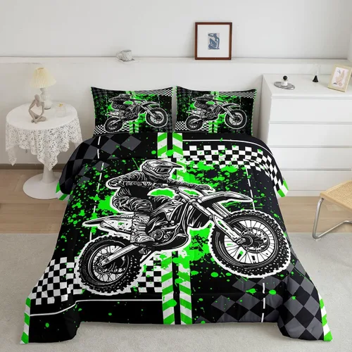 Miniatura 2 de Feelyou Kids Green Dirt Bike Duvet Insert Twin Size, Extreme Sports Comforter Set Boys Girls Motorbike Bedding Set Teens Bedroom Decor Microfiber