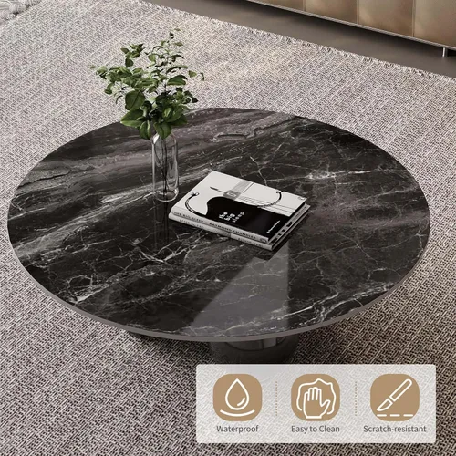 Miniatura 3 de Mesa de centro redonda moderna de mármol, 39.4 pulgadas, parte superior de aspecto de mármol negro con base de bola negra, mesa central para sala