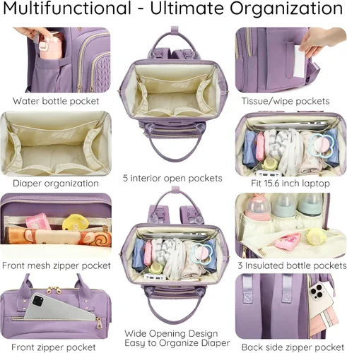 Miniatura 2 de AIJIEKE Bolsa de pañales, mochila grande para pañales de bebé de gran apertura, bolsa de viaje multifuncional para bebé, bolsa de pañales con Púrpura