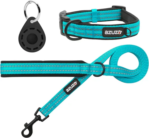 azuza Juego de correa y collar acolchados duraderos para perros, con soporte para Airtag y tira reflectante, extra seguro y cómodo para perros