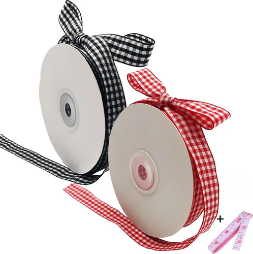 Paquete de 2 cintas a cuadros blancos y negros de 5/8 pulgadas + cinta de cuadros de búfalo rojo y blanco, 50 yardas para decoración de fiestas,