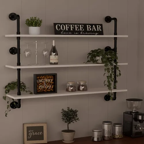 Miniatura 4 de HDDFER - Estantería industrial para tuberías rústicas en blanco, estantes de pared de tubería industrial con tablas de madera, estantes flotantes