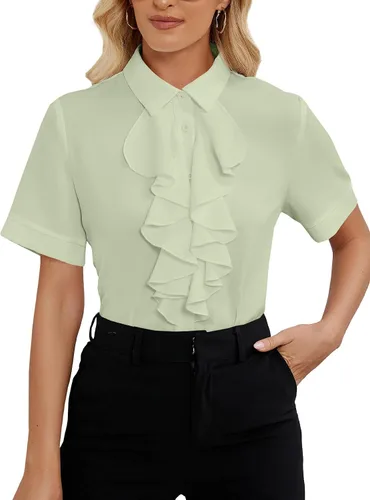 Miniatura 13 de Vrtige Women's Ruffle Front Collar Neck Button Down Short Sleeve Blouse Shirt Top