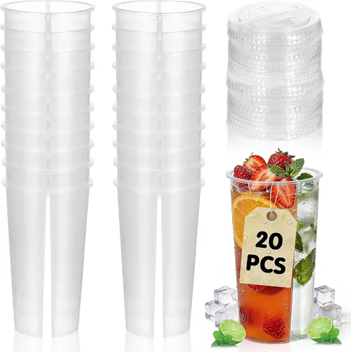 20 vasos de plástico desechables divididos para bebidas, forma redonda, doble espesa, taza para compartir en pareja, con tapas, para té con leche,