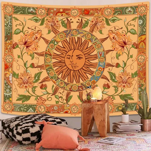 Tapiz amarillo con sol y luna, vintage, bohemio, para colgar en la pared con girasoles, mariposa, polilla, constelación, tapices de pared para