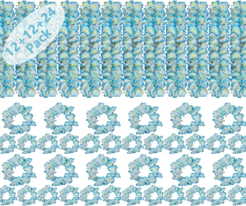 48 piezas de Leis hawaianos gruesos a granel, revelación de género Leis Blue Jumbo 12 diademas 24 pulseras, 12 collares florales para fiesta Luau,
