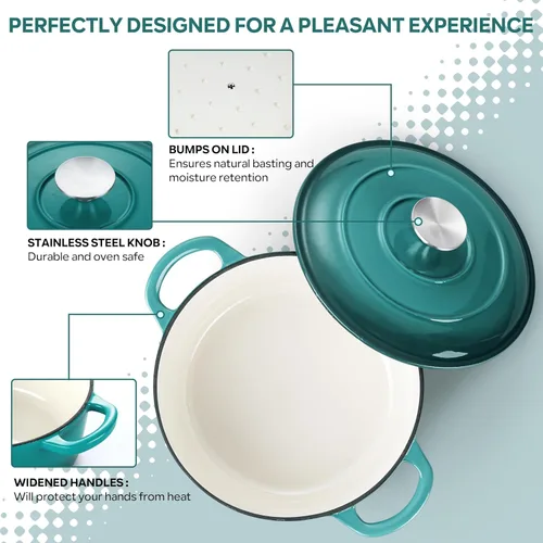 Miniatura 4 de Herogo Horno holandés de hierro fundido esmaltado con tapa, olla holandesa redonda resistente de 3 cuartos de galón con asas dobles para hornear