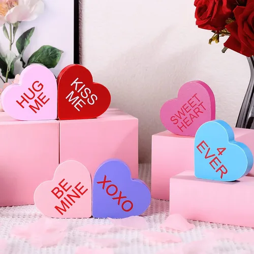 6 letreros de madera para el día de San Valentín, coloridos en forma de corazón, decoración de mesa de madera para San Valentín, bandeja escalonada,