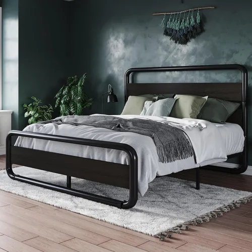 Miniatura 3 de Allewie Base de cama de metal tamaño Queen con cabecero y estribo curvados de madera de hierro, cama de plataforma con almacenamiento debajo