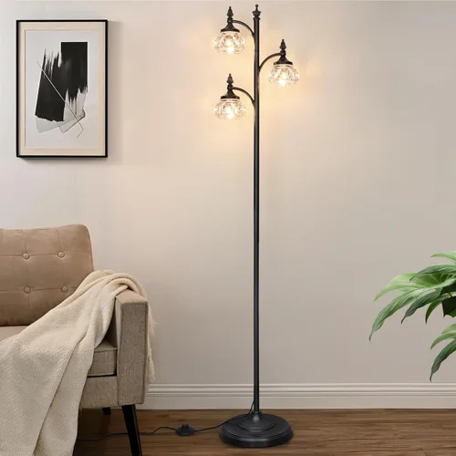 Miniatura 2 de JUNNAI Lámpara de pie negra para sala de estar, lámpara de pie alta, regulable, con 3 luces giratorias, pantalla de cristal, lámpara de esquina Negro