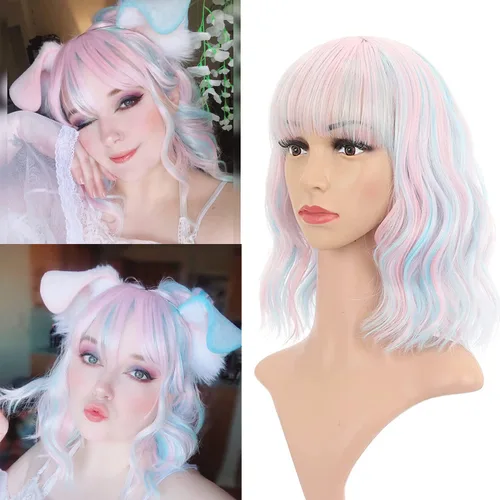 Miniatura 16 de VCKOVCKO Peluca natural ondulada rosa pastel, pelucas coloridas con flequillo de aire, pelucas cortas estilo Bob para mujer, pelucas largas hasta