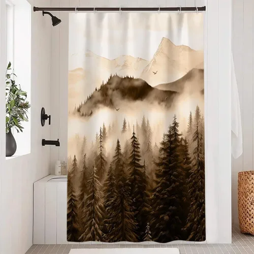 Miniatura 27 de Cortina de ducha pequeña en blanco y negro, juego de cortina de ducha de bosque brumoso para baño, impermeable, decoración de baño de montaña