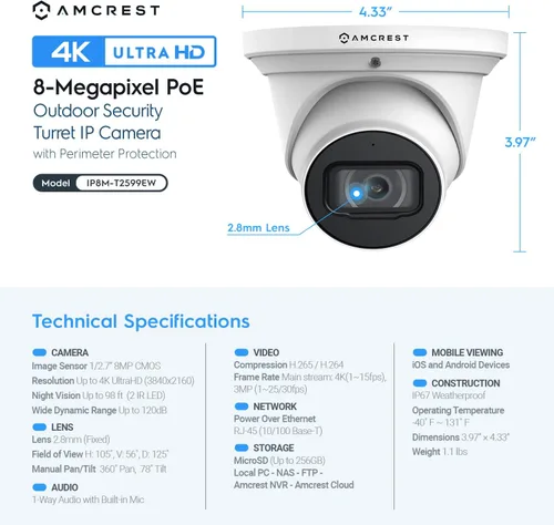 Miniatura 8 de Sistema de Cámara de Seguridad 4K POE Amcrest con NVR PoE 4K de 8 Canales (4) x Cámaras IP POE de 8 Megapíxeles de Torreta (3840x2160) Disco Duro