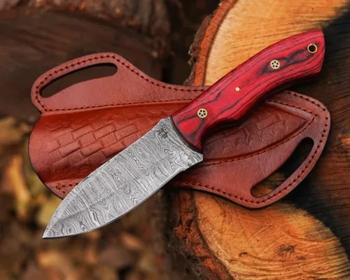 Miniatura 10 de Cuchillo de caza de acero de Damasco de hoja fija con funda de piel, cuchillo de caza de 9 pulgadas con mango entero para despellejar, mango