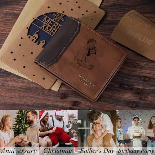 Miniatura 21 de INBLUE Billetera plegable grabada personalizada, cartera de cuero personalizada con foto y texto grabado, regalos para hombres, marido, papá, hijo