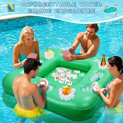 Miniatura 6 de Mesa flotante para juego de billar, mesa flotante de 40 x 40 pulgadas para piscina con soportes para bebidas y cartas de juego impermeables, mesa