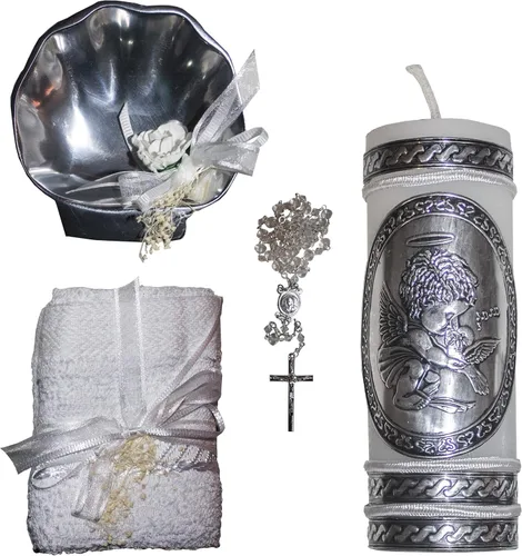 Kit de bautismo católico con toalla, vela, rosario y carcasa de metal para niños y niñas. Hecho a mano en México para regalo católico y padrinos.