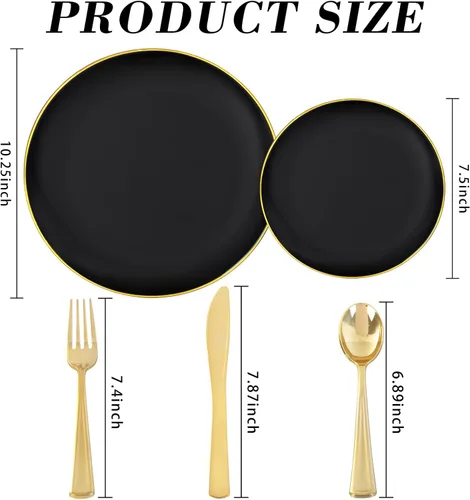 Miniatura 2 de YOUBET 125 piezas de platos de plástico negros y dorados - Platos desechables negros con borde dorado - Incluye 25 platos de cena, 25 platos