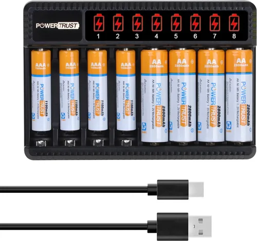 Baterías AA recargables y pilas AAA (paquete de 4) con cargador de batería AA AAA de 8 bahías, cargador de batería recargable Ni-Mh