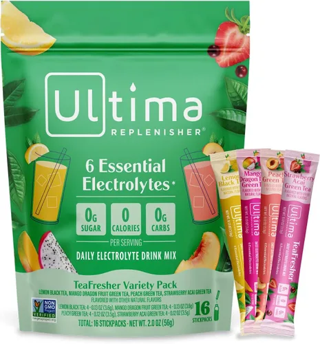 Ultima Replenisher TeaFresher Mezcla de electrolitos diarios en polvo y té instantáneo, sin azúcar, paquete variado, 16 paquetes de barras,