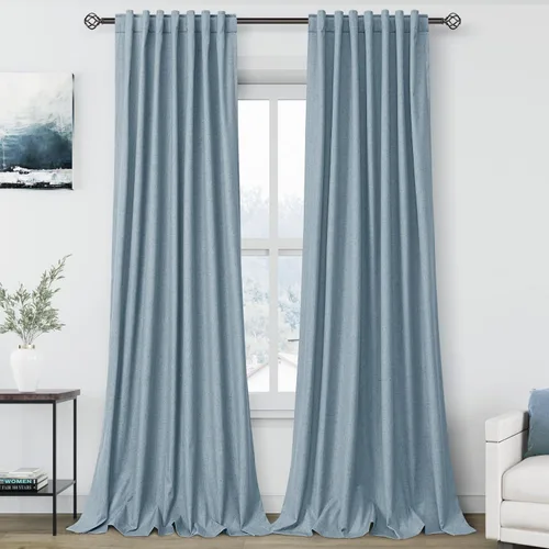 Miniatura 25 de Cortinas de lino 100% opacas para dormitorio, 102 pulgadas de largo, con pestaña trasera, bolsillo para barra, paneles acústicos con aislamiento