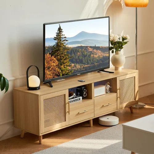 Miniatura 11 de Soporte de TV para TV de 70 pulgadas, centro de entretenimiento de 63 pulgadas con luz LED, tomacorriente, soporte de TV de ratán con estantes