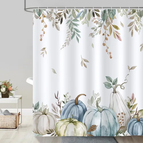 Miniatura 2 de Bonhause Cortina de ducha de calabaza de otoño, calabazas azules y verdes, hojas de otoño, decoración de baño de Acción de Gracias, 72 x 72