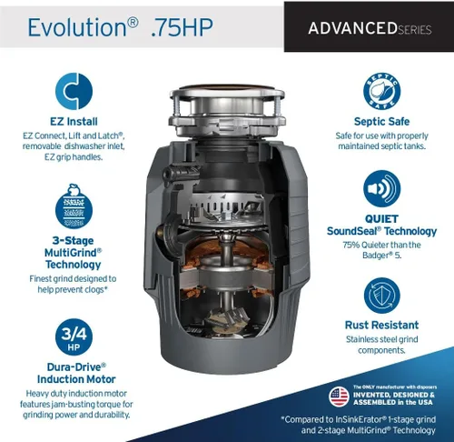 Miniatura 2 de InSinkErator EVOLUTION 0.75HP 3/4 HP, Advanced Series EZ Connect - Eliminación de basura de alimentación continua para alimentos y residuos