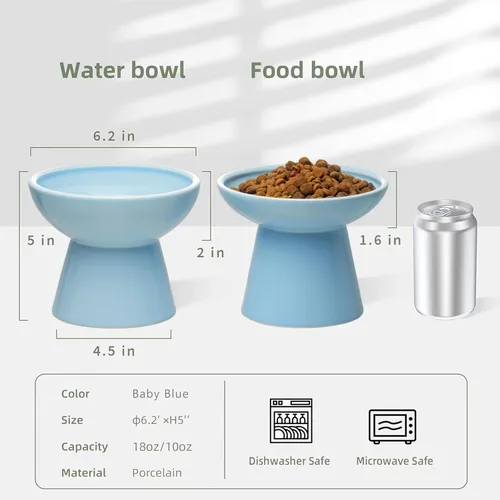 Miniatura 2 de CEEFU 2 tazones elevados de cerámica para gatos extra anchos para alimentos y agua – Tazón poco profundo para fatiga de bigotes, sin plomo ni Azul