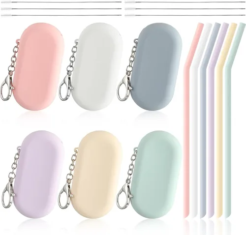 Meanplan Juego de 6 popotes de silicona reutilizables plegables y portátiles para viajes de fiesta, frío o caliente, con funda de transporte y