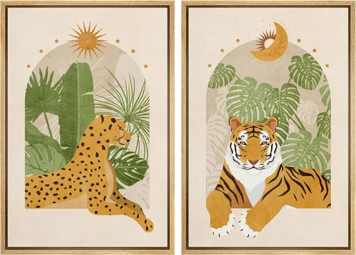 Miniatura 106 de IDEA4WALL - Set de lienzos enmarcados para pared, diseño tropical, selva, hoja de plátano, guepardo rosa, gato, naturaleza, desierto, arte digital