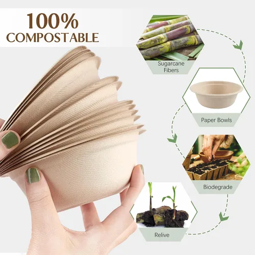 Miniatura 4 de ZORRITA Paquete de 150 unidades de cuencos de papel compostables de 12 onzas, pequeños cuencos desechables para sopa, cuencos naturales de caña