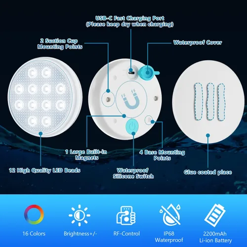 Miniatura 4 de QOLNBY - Luces de piscina recargables, luces LED sumergibles con control remoto, luces subacuáticas impermeables IP68, luz flotante que cambia de 16