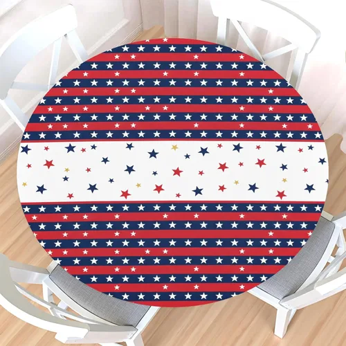 Miniatura 23 de Mantel redondo ajustable para el 4 de julio con borde elástico, impermeable, lavable, azul, rojo, blanco, estrella, patriótica, independencia, Día