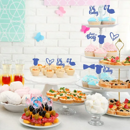 Miniatura 6 de Gyufise Paquete de 36 adornos para cupcakes "It's a Boy" con corbata, mameluco de amor, corazón, azul profundo, purpurina azul oscuro, decoración