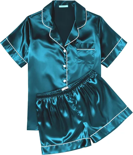 Miniatura 21 de Ekouaer Conjunto de pijama de satén de seda para mujer, suave, de manga corta, con botones, ropa para dormir, camiseta y pantalones cortos, juego