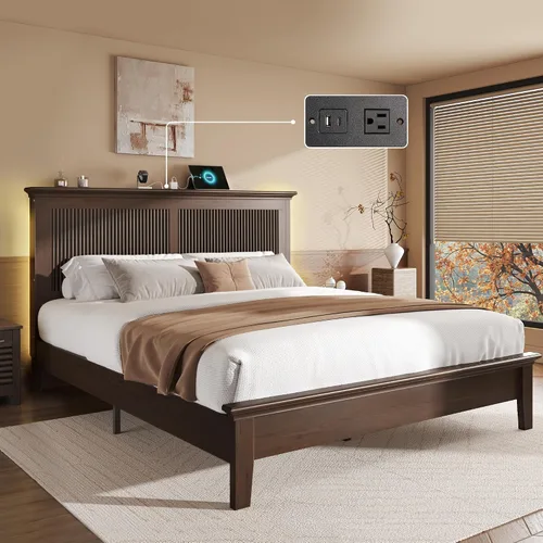 Lifezone Cama Queen de madera, cama de madera maciza con cabecera alta, diseño vintage americano, cama Queen con estación de carga y LED RGB, Nogal